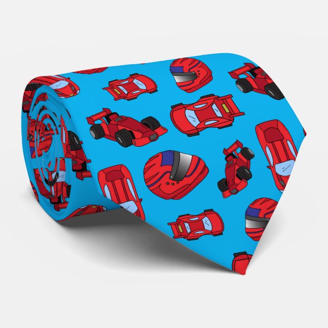 Trendy Motor Racing Fan Red Sports Cars Blue Tie (Rolled)