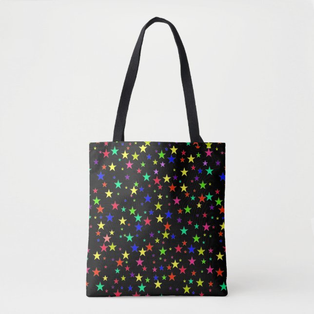 Trendy multicolored stars on black tote bag (Front)