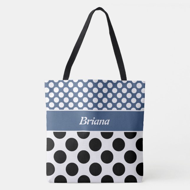 Trendy Named Blue & White Polka Dot Tote Bag (Front)