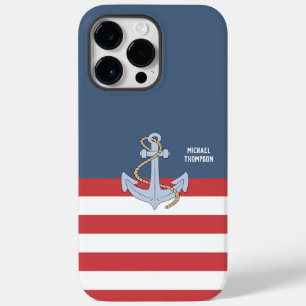 Trendy nautical Anchor Monogram with stripes navy Case-Mate iPhone 14 Pro Max Case