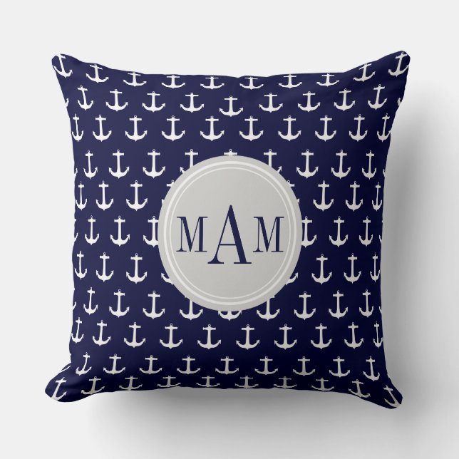 Trendy Nautical Anchor Print Monogram Throw Pillow (Front)