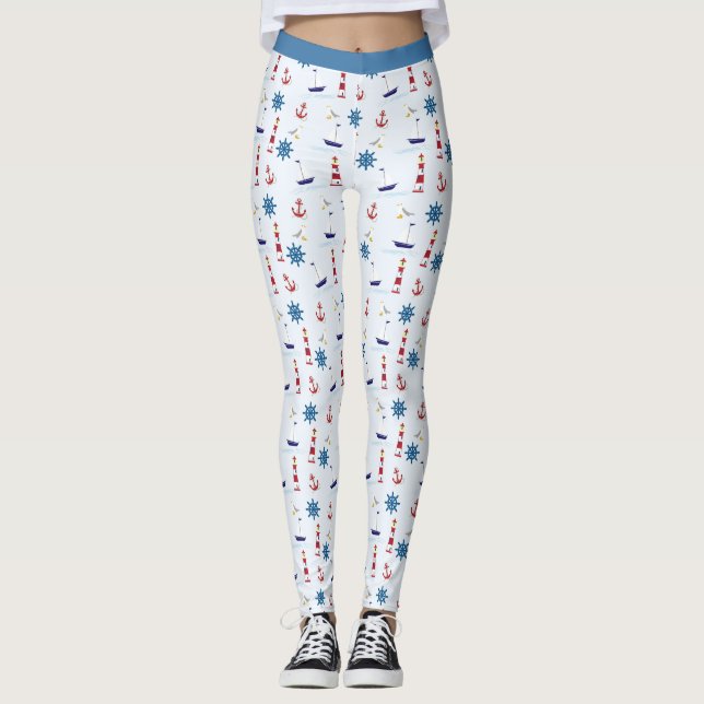 Trendy Nautical Lighthouse Sailboat Yoga Leggings (Front)