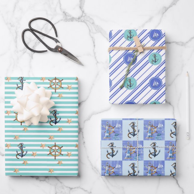 Trendy Nautical Sea Anchor Boating Blue Stripes Wrapping Paper Sheet (Front)