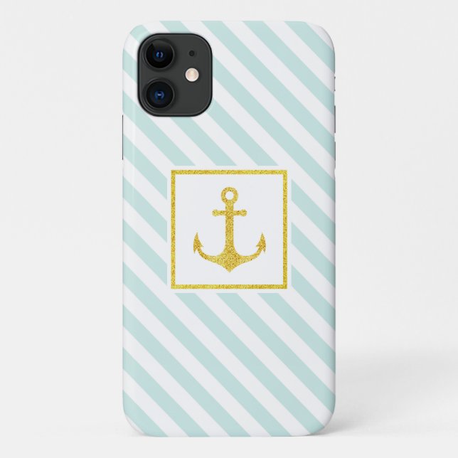 Trendy Nautical Stripes Faux Glitter Anchor Case-Mate iPhone Case (Back)
