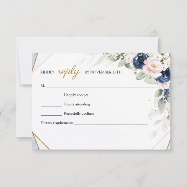 Trendy Navy and Blush Floral Faux Gold Greenery RSVP Card (Front)