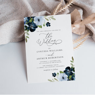 Trendy Navy and light blue floral script wedding Invitation