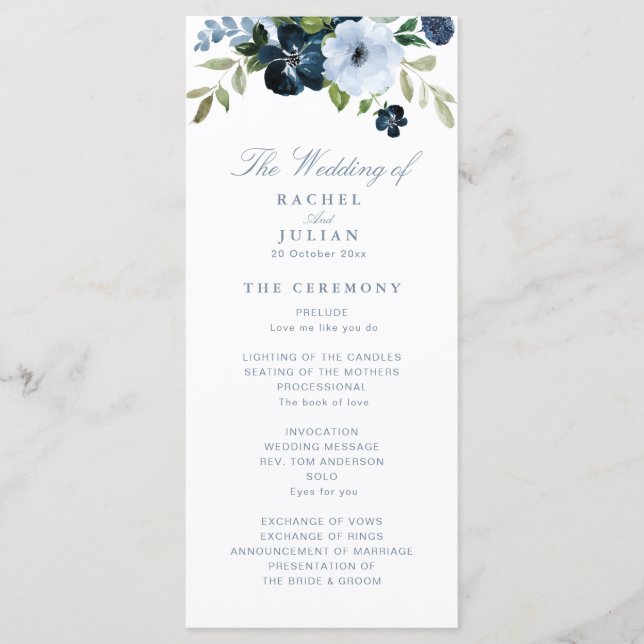 trendy navy and light blue floral wedding program programme (Front)