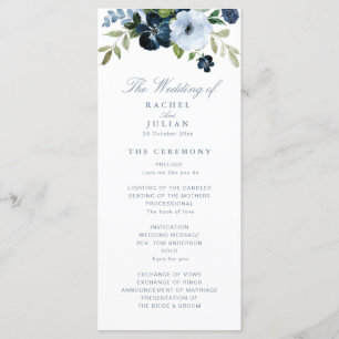 trendy navy and light blue floral wedding program programme