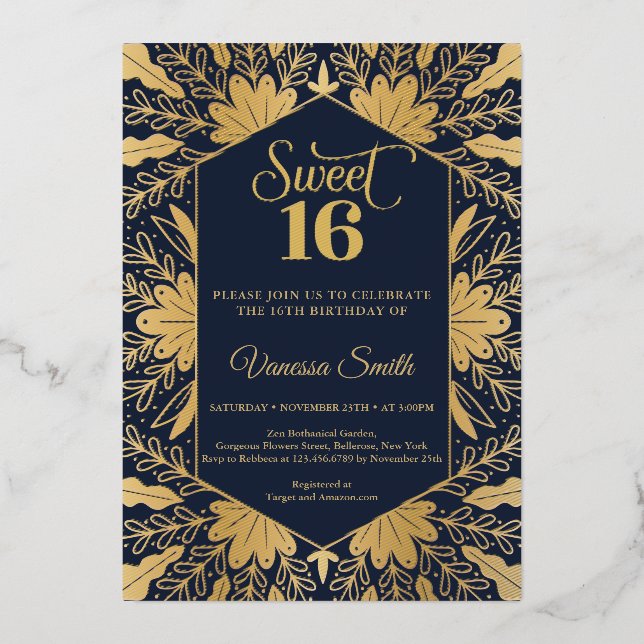 Trendy navy and real gold foil sweet sixteen foil  (Front)
