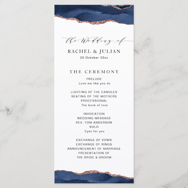 trendy navy and rose gold agate wedding program programme (Front)