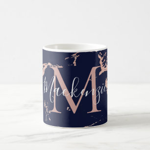 Trendy Navy and Rose Gold Foil Marble Monogram Coffee Mug