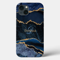 Trendy Navy Blue Agate Gold Glitter Monogram