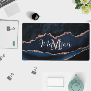 Trendy Navy Blue Agate Rose Gold Glitter Desk Mat