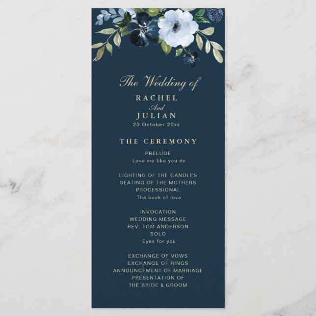 trendy navy blue and gold wedding program programme (Front)