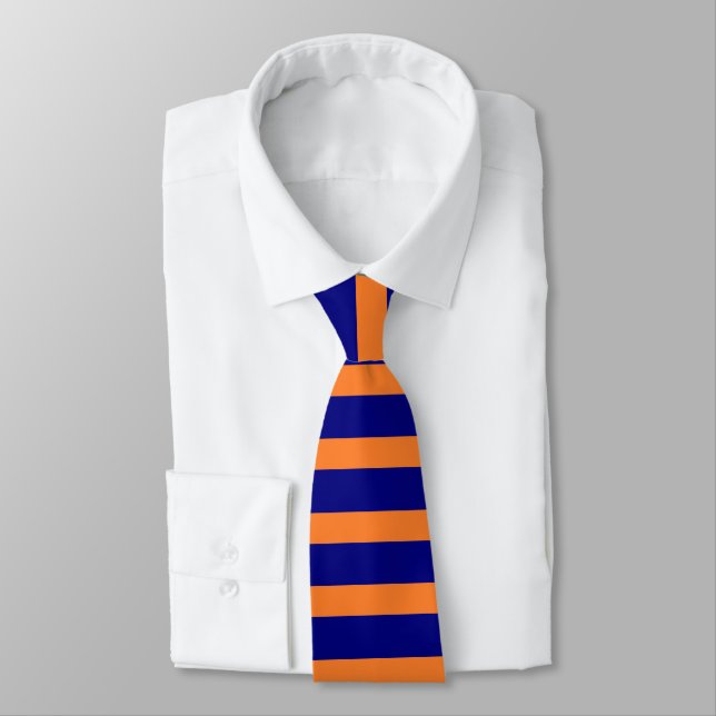 Trendy Navy Blue and Orange Horizontal Stripes Tie (Tied)