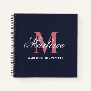Trendy Navy Blue Blush Pink Monogram Calligraphy Notebook