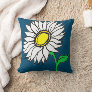 Trendy Navy Blue Daisy Sunflower Yellow White  Cushion