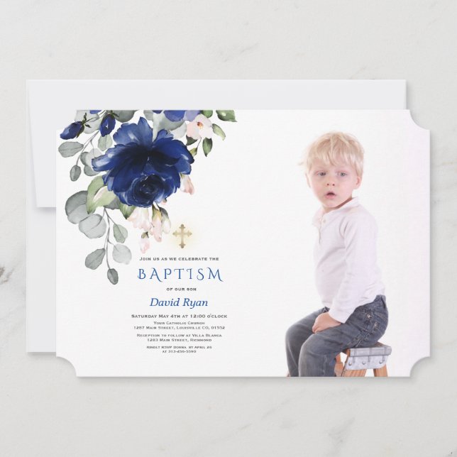 Trendy Navy Blue Floral Boy Photo Gold Baptism Invitation (Front)