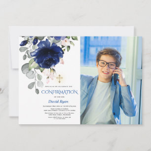Trendy Navy Blue Floral Boy Photo Gold Confirmatio Invitation