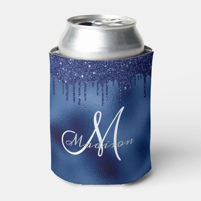 Trendy Navy Blue Glitter Drips Monogrammed Can Cooler (Can Front)