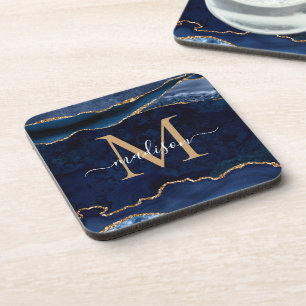 Trendy Navy Blue Gold Agate Geode Glitter Monogram Coaster