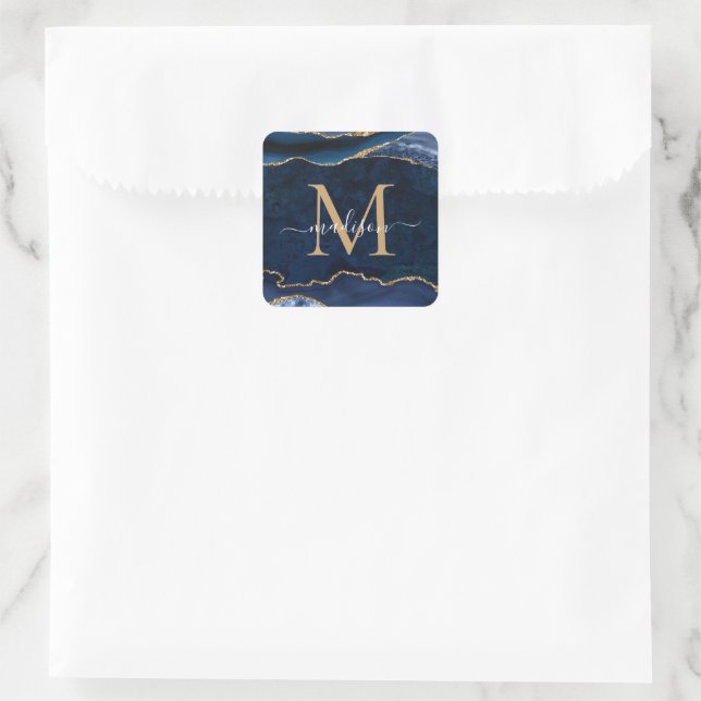 Trendy Navy Blue Gold Agate Geode Glitter Monogram Square Sticker (Bag)