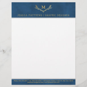 Trendy Navy Blue & Gold Foil Monogram Wreath Custom Letterhead