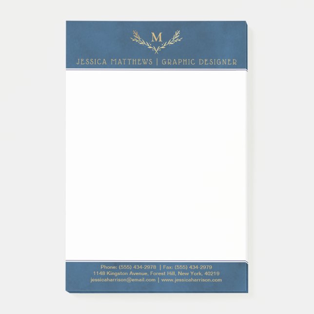 Trendy Navy Blue & Gold Foil Monogram Wreath Post-it Notes (Front)
