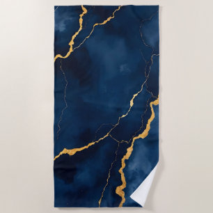 Trendy Navy Blue Gold Marble Collection Beach Towel