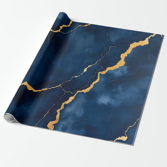Trendy Navy Blue Gold Marble Collection Wrapping Paper (Unrolled)