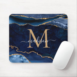 Trendy Navy Blue Gold Sparkle Agate Geode Monogram Mouse Mat