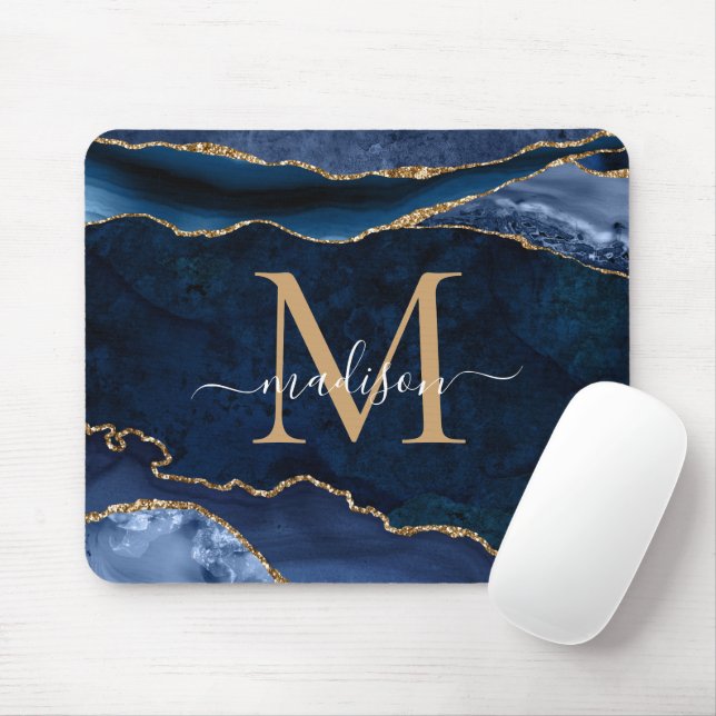 Trendy Navy Blue Gold Sparkle Agate Geode Monogram Mouse Mat (With Mouse)