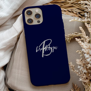Trendy Navy Blue Grey White Script Monogram iPhone 15 Case