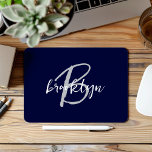 Trendy Navy Blue Grey White Script Monogram  Mouse Mat<br><div class="desc">This elegant personalised mouse pad features a monogram and first name in modern grey and white script on a navy blue background.</div>