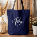 Trendy Navy Blue Grey White Script Monogram  Tote Bag<br><div class="desc">This elegant personalised tote bag features a monogram and first name in modern grey and white script on a navy blue background.</div>