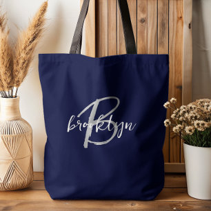 Trendy Navy Blue Grey White Script Monogram  Tote Bag