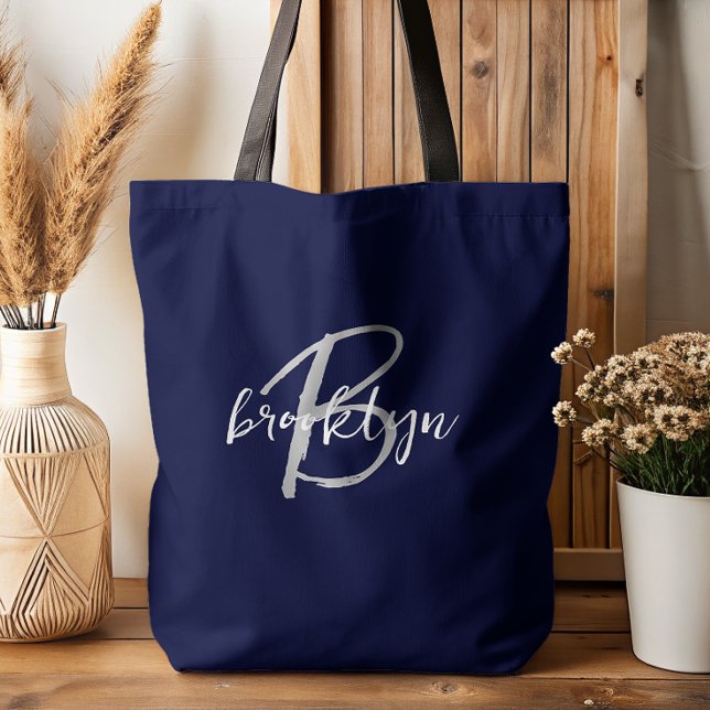 Trendy Navy Blue Grey White Script Monogram  Tote Bag (Creator Uploaded)