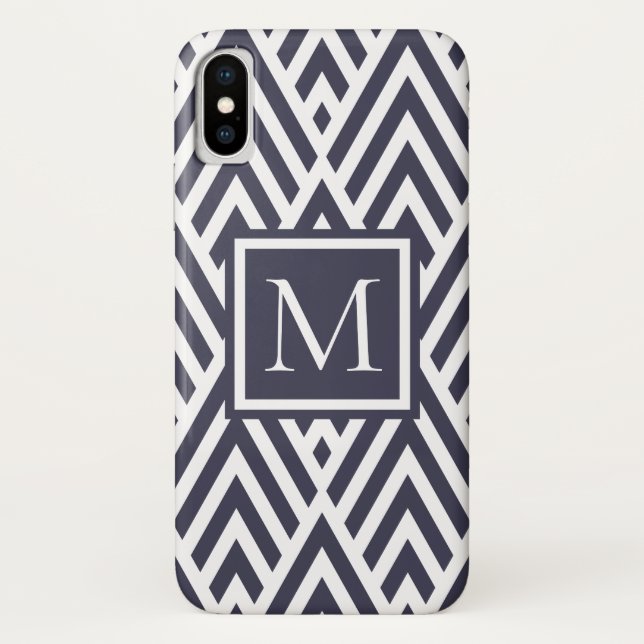 Trendy Navy Blue Monogram Arrow Diamond Pattern Case-Mate iPhone Case (Back)
