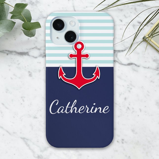 Trendy Navy Blue Nautical Red Anchor Design Case-Mate iPhone Case (Creator Uploaded)