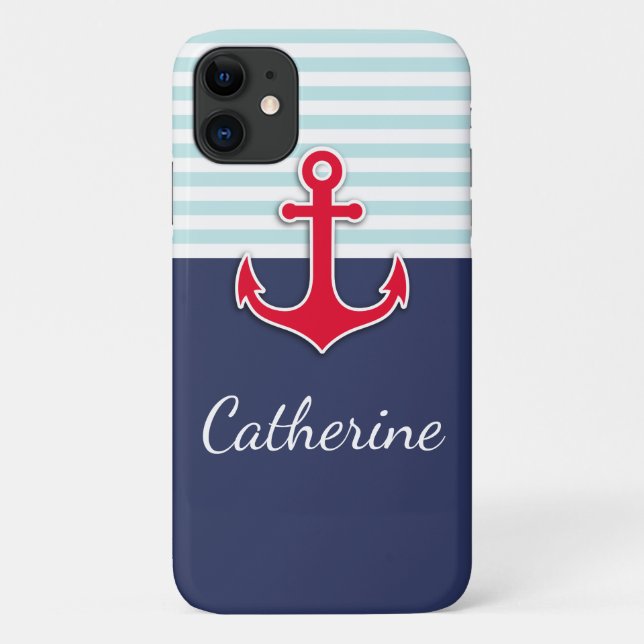 Trendy Navy Blue Nautical Red Anchor Design Case-Mate iPhone Case (Back)
