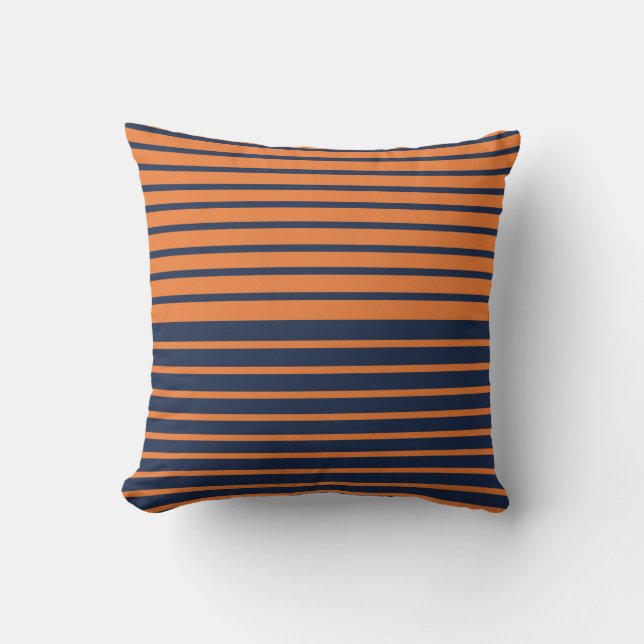 Trendy Navy Blue Orange Striped Cushion (Front)