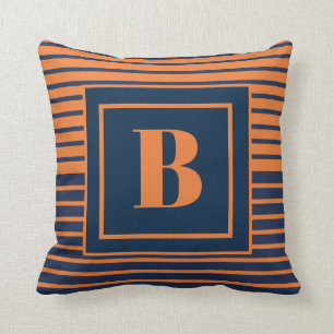 Trendy Navy Blue Orange Striped Large Monogram Cushion