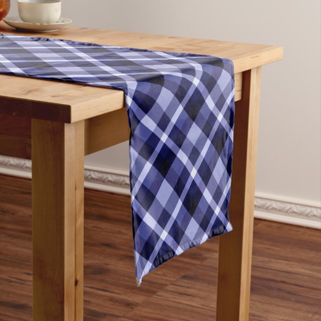 Trendy Navy Blue Plaid Pattern Large Table Runner (In Situ)