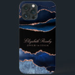 Trendy Navy Blue Rose Gold Black Business iPhone 13 Pro Max Case<br><div class="desc">Modern Elegant Navy Blue Rose Gold Black Business iPhone Case. Gorgeous versatile design featuring on trend navy blue agate geode watercolor style abstract art with rose gold glitter accents. Background is shown in Black with customisable text shown in rose gold blush pink colour. Personalise with your business name and title...</div>
