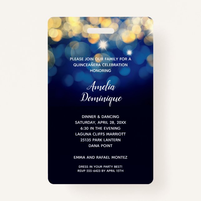 Trendy Navy Gold Bokeh Quinceañera Invite VIP Pass ID Badge (Back)