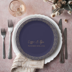 Trendy Navy Gold Design Wedding Reception Party  Paper Plate