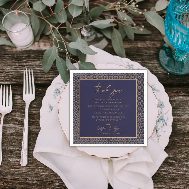 Trendy Navy Gold Design Wedding Thank you Message Napkin (Trendy Navy Gold Design Wedding Thank you Message Napkins)