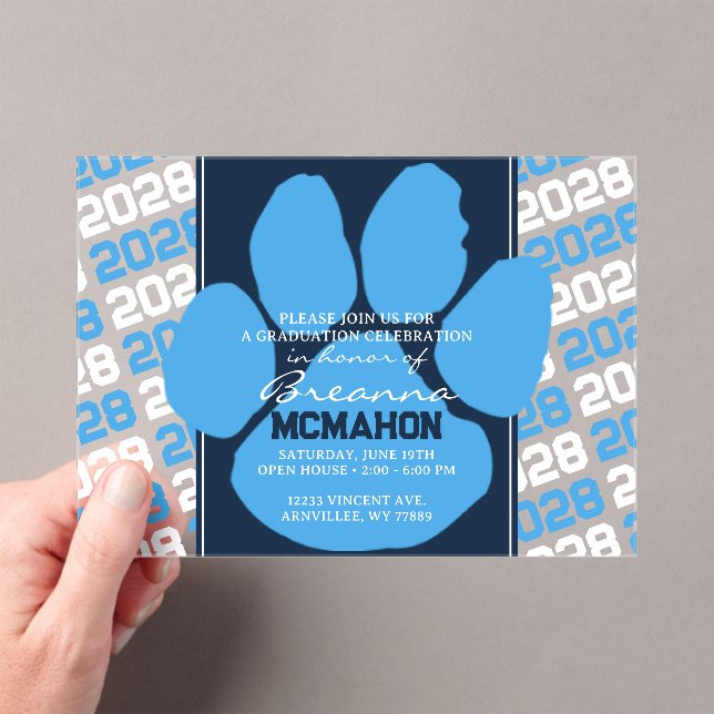 Trendy Navy & Light Blue Graduation Pawprint Clear Acrylic Invitations (Insitu (Handheld))