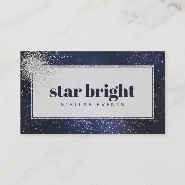 Trendy Navy & Silver Night Sky Professional Business Card (Front)