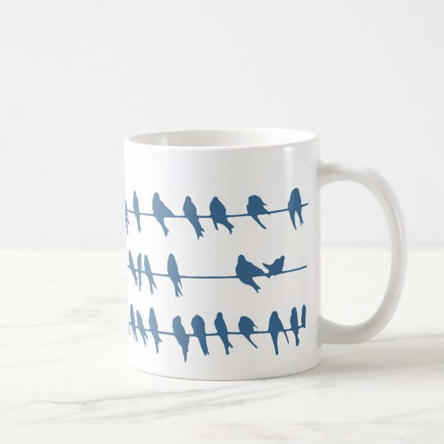 Trendy navy swallow birds on wires silhouettes coffee mug (Right)